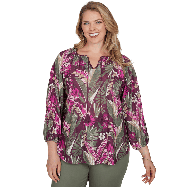 Plus Size Ruby Rd. Sedona Escape Tropical Tassel Neck Blouse - image 