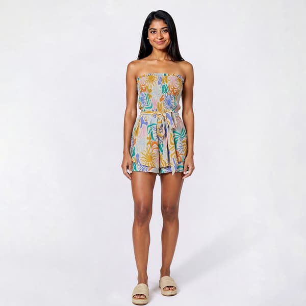 Juniors No Comment Abstract Print Strapless Romper w/ Belt - image 