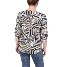 Womens NY Collection 3/4 Roll Sleeve Geo Jacquard Blouse-TAUPE