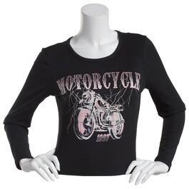 Juniors No Comment Rhinestone Motor Chic Ribbed Long Sleeve Tee