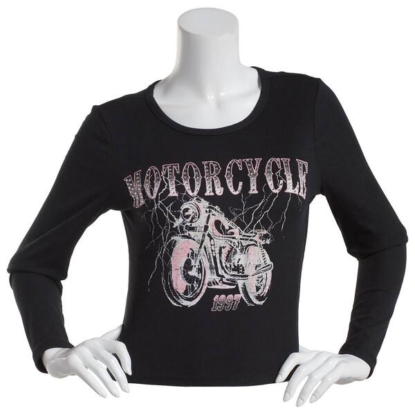 Juniors No Comment Rhinestone Motor Chic Ribbed Long Sleeve Tee - image 