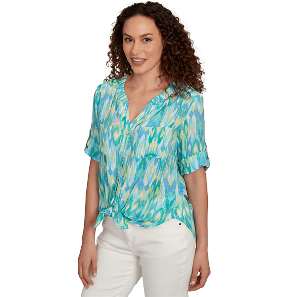 Womens Ruby Rd. Paradise Cove Ikat Button Tie Front Blouse