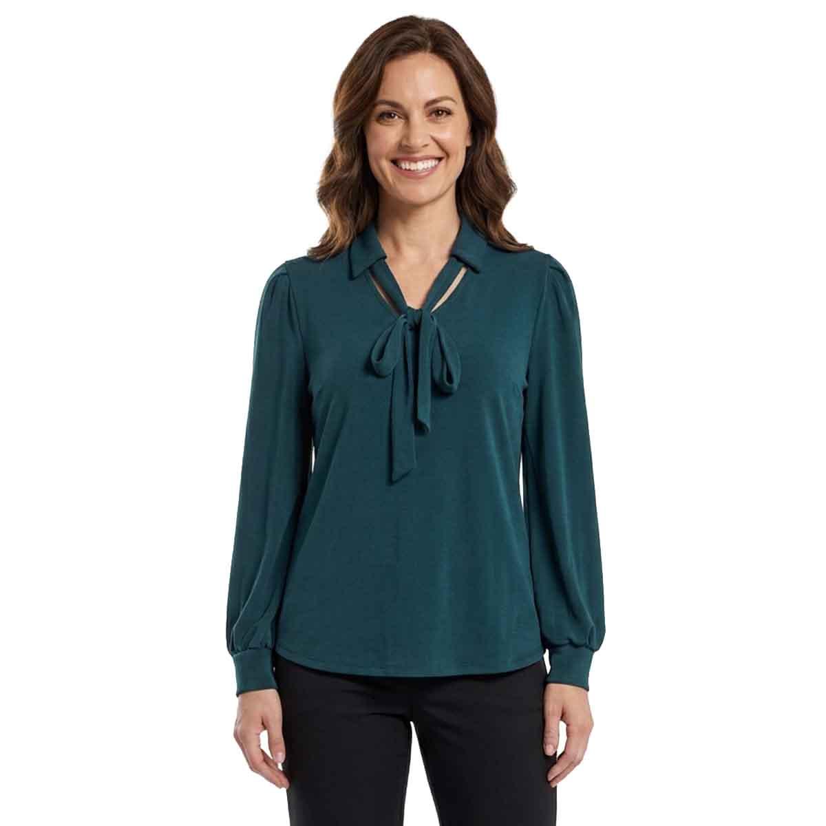 Womens Adrianna Papell Long Sleeve V-Neck Tie Collar Crepe Blouse