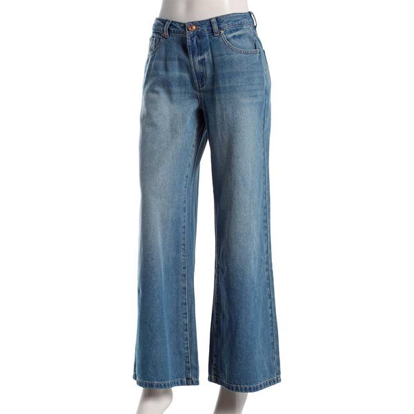 Juniors No Comment Mid Rise Wide Leg Back Pocket Patch Jeans - image 