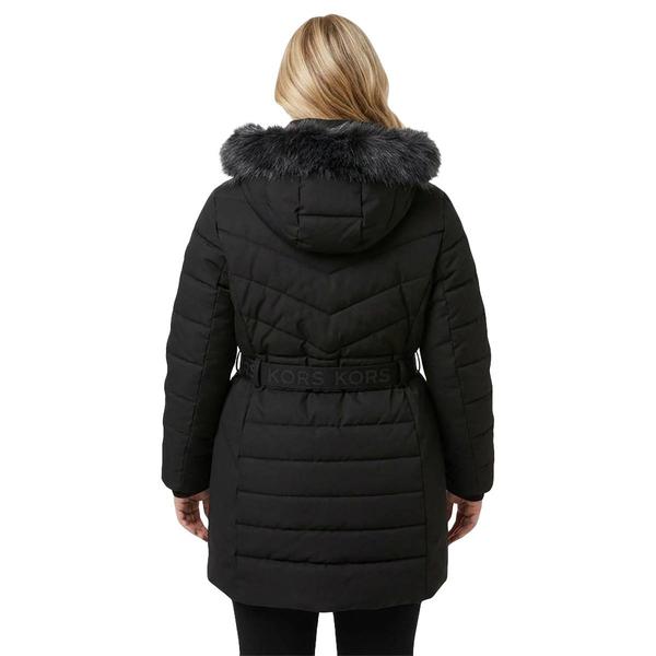 Plus Size Michael Kors Belted Puffer Walker Coat w/ Faux Fur Hood