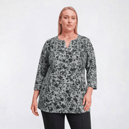 Plus Size Napa Valley 3/4 Sleeve Floral Split Neck Knit Blouse
