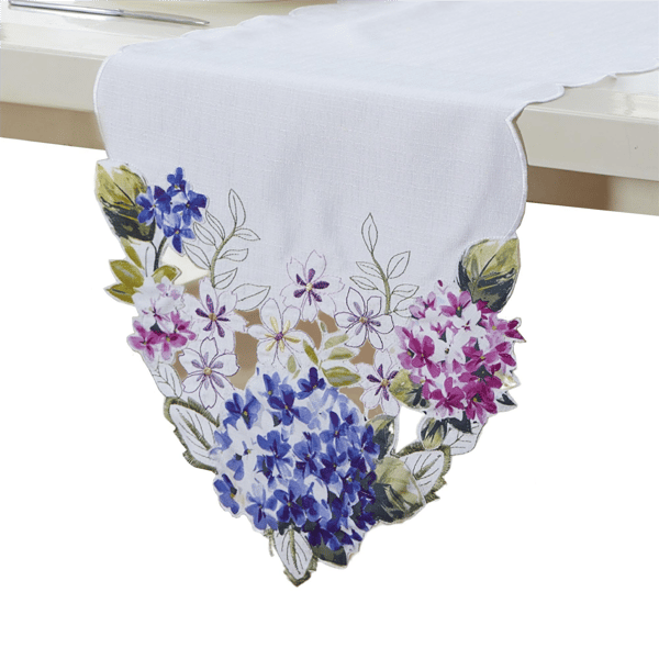Threadmade Spring Hydrangea Floral Cutwork Table Runner