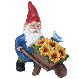 Resin Gnome with Sunflower Filled Wheelbarrow