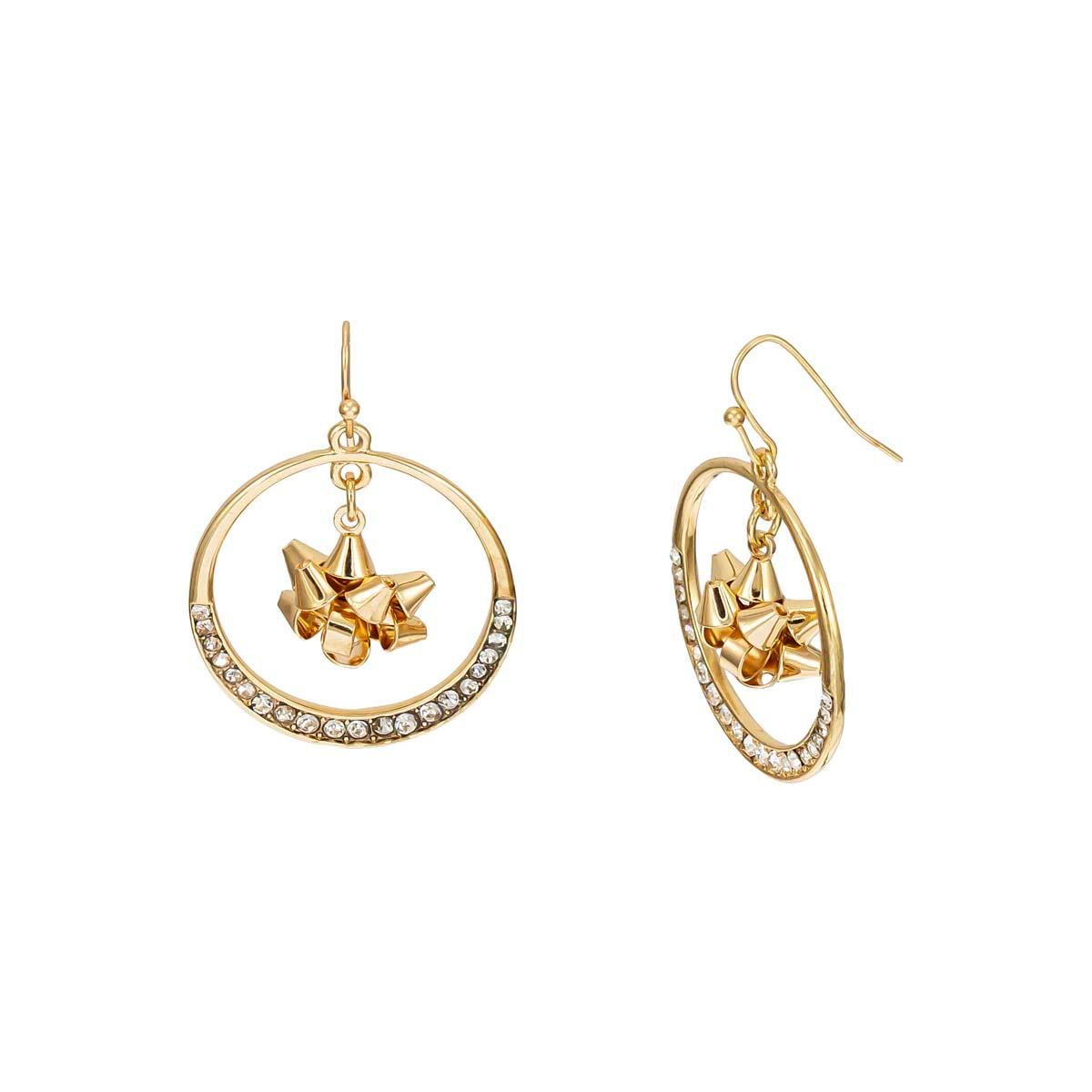 Gold-Tone Open Crystal Accent Circle Bow Center Drop Earrings