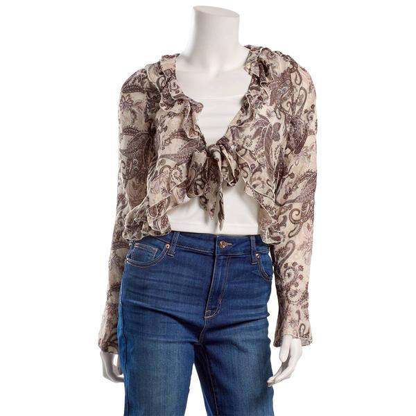 Juniors No Comment Tie Front Ruffle Bell Sleeve Blouse
