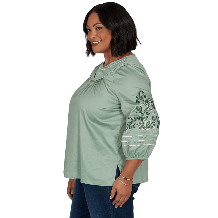 Plus Size Ruby Rd. Game of Luxe Embroidered Sleeve Voile Blouse