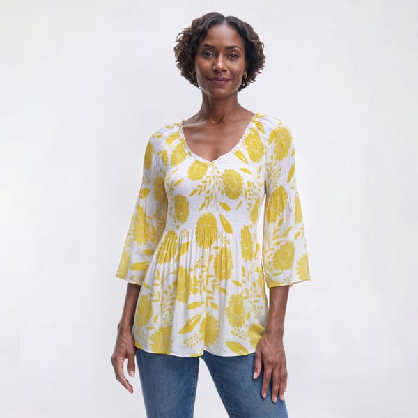 Womens Floral & Ivy 3/4 Sleeve V-Neck Sunflower Pleater Blouse