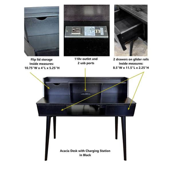 Casual Contemporary Living Solid Acacia Desk w/ Charging Station
