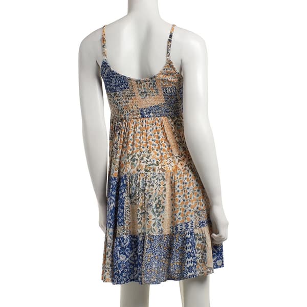 Juniors Angie Smock Bodice Patchwork Print Skater Dress