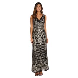 Womens R&amp;M Richards Sleeveless Sequined V-Neck Maxi Gown