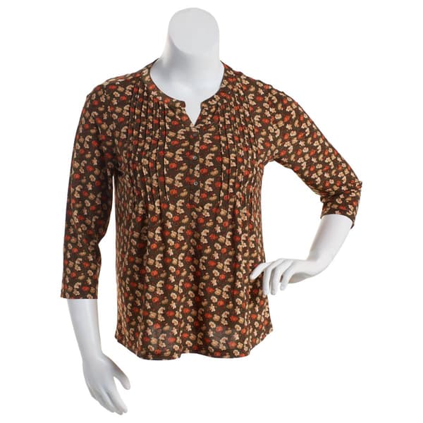 Petite Napa Valley 3/4 Sleeve Floral Pleat Henley - Olive