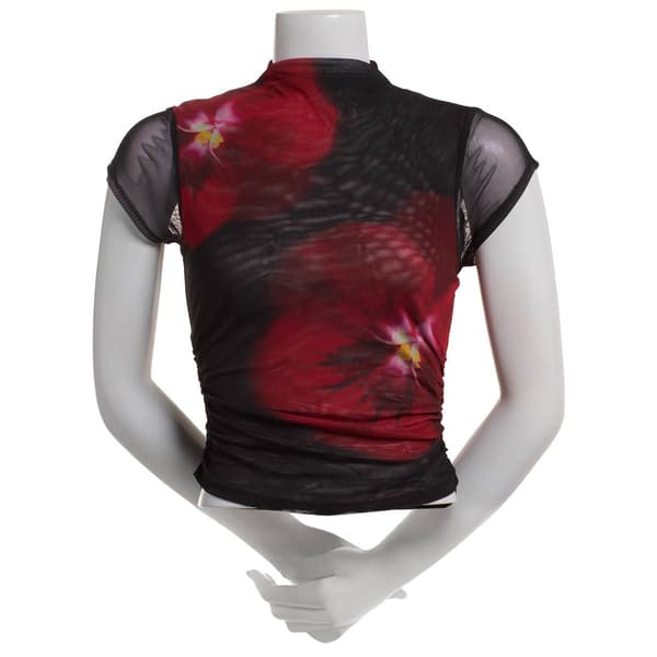 Juniors Madden Girl Print Mesh Cap Sleeve Funnel Neck Ruched Top - image 