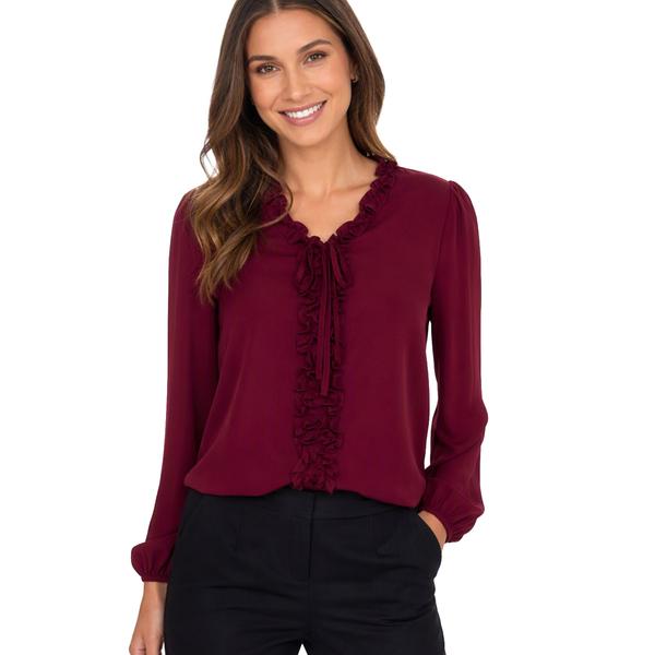 Womens Adrianna Papell Long Sleeve Ruffle Trim Tie Neck Blouse