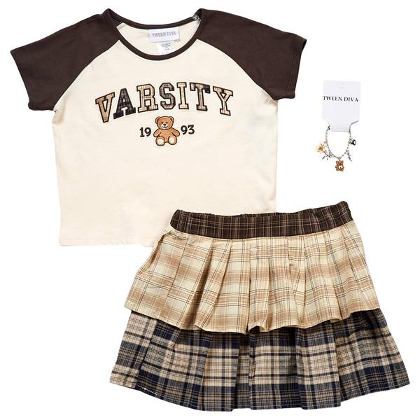 Girls (7-12) Tween Diva Raglan Varsity Bear Tee & Plaid Skort - image 