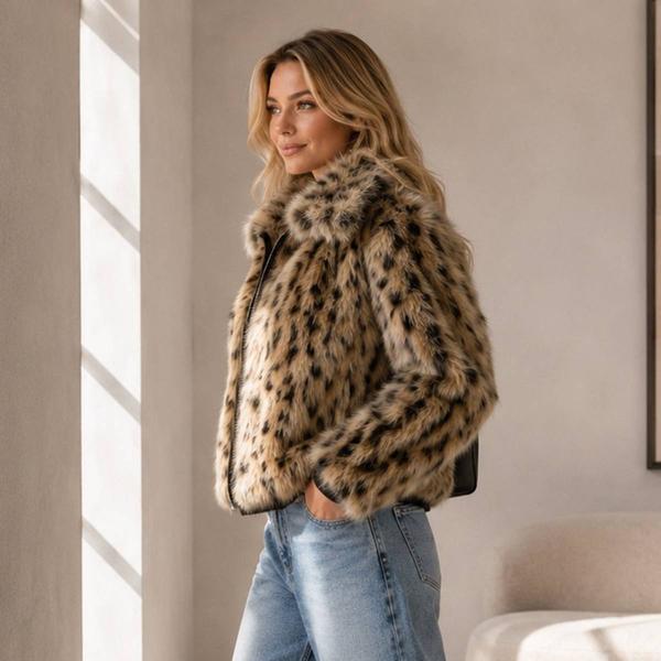 Womens Badgley Mischka Leopard Full Zip Faux Fur Jacket