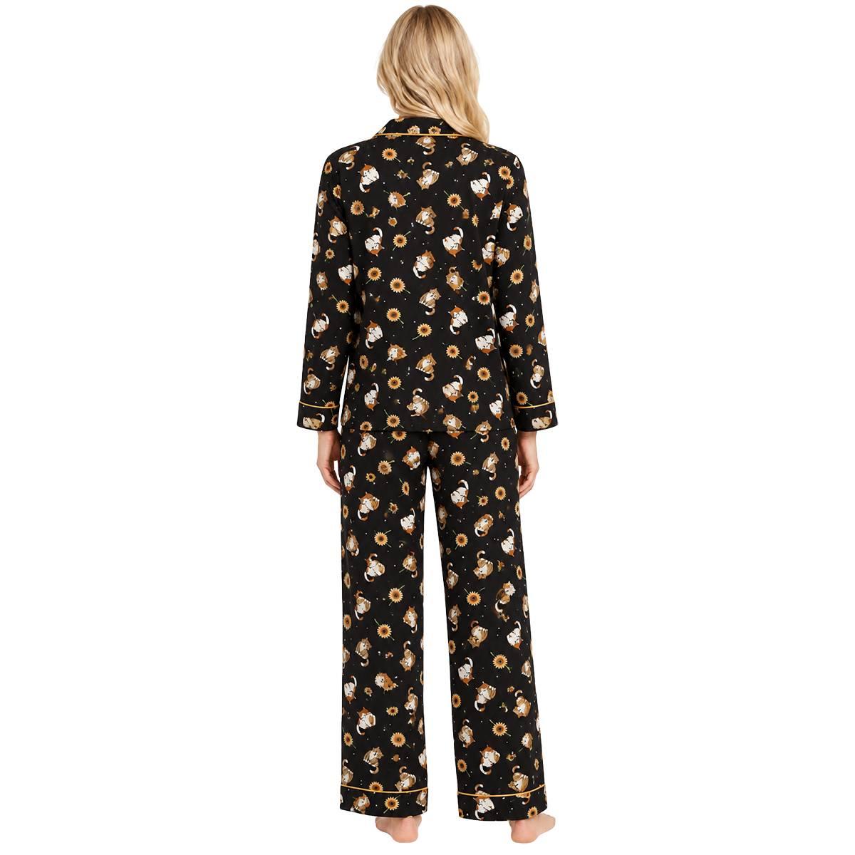 Juniors Pillow Talk Long Sleeve Sunflowers & Cats Pajama Set