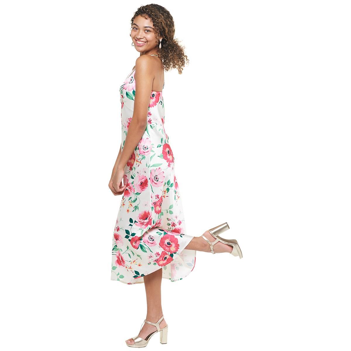 Juniors Emerald Sundae Floral Satin Twist Front Midi A-Line Dress