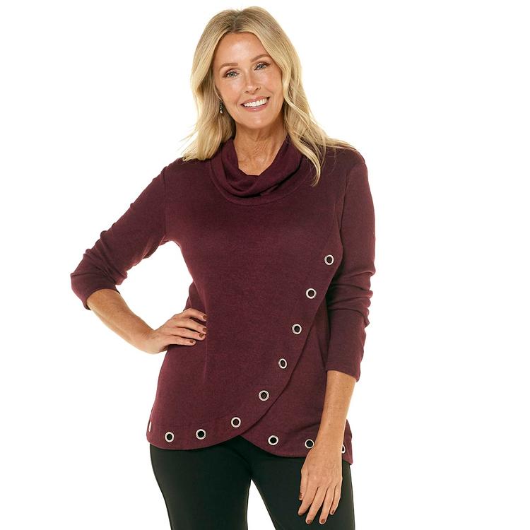 Plus Size Notations Layered Cowl Neck Sweater w/Grommet Detail