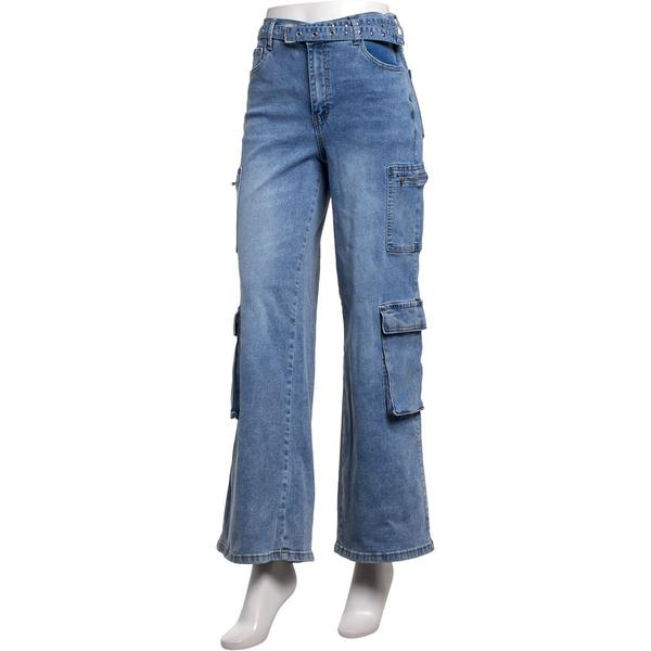 Juniors No Comment Belted Mid Rise Wide Leg Cargo Pants - image 