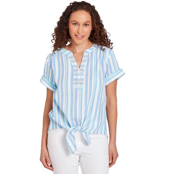 Womens  Ruby Rd. Bali Blue Woven Embroidered Stripe Top - image 