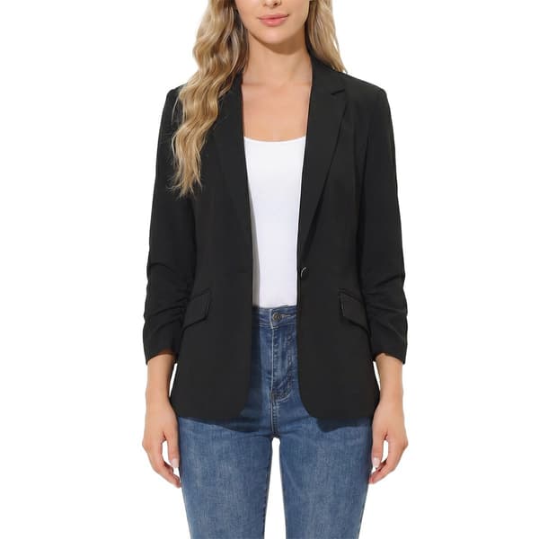 Womens NY Collection Long Ruch Sleeve Solid Crepe Blazer