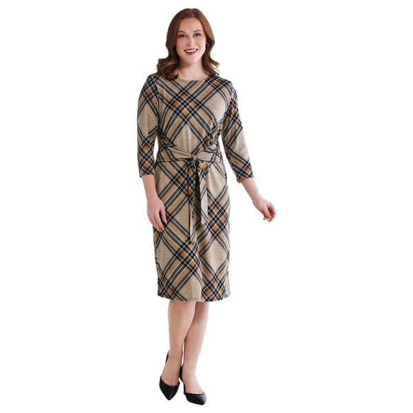 Womens Chetta B 3/4 Sleeve Tie Waist Plaid Hacci Dress