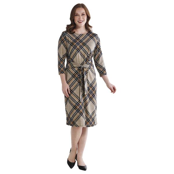 Womens Chetta B 3/4 Sleeve Tie Waist Plaid Hacci Dress - image 