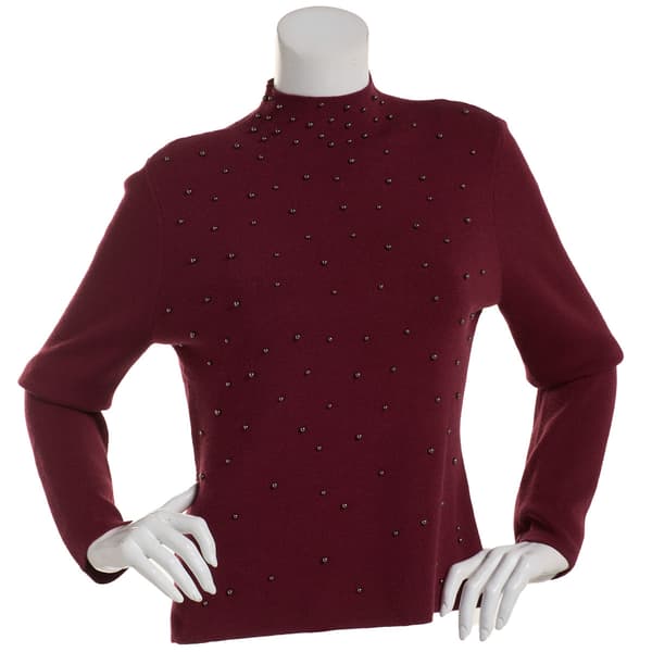 Womens Nicole Miller Long Sleeve Mock Neck Pearl Sweater