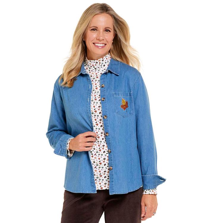 Petite Hasting & Smith Leaf Embroidery Denim Button Down