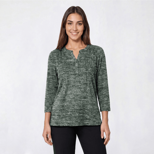 Petite Napa Valley 3/4 Sleeve Marled Pleated Knit Blouse