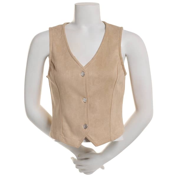 Juniors No Comment Knit Suede Button Front Vest - image 