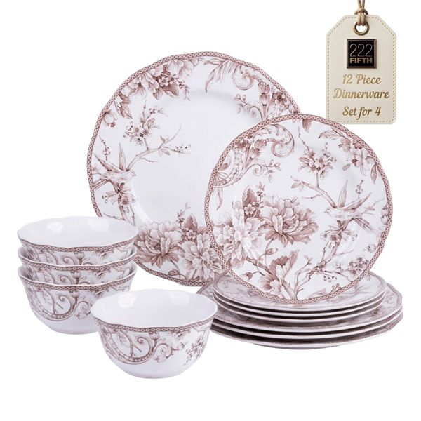 222 Fifth Adelaide Brown on White Porcelain 12pc. Dinnerware Set