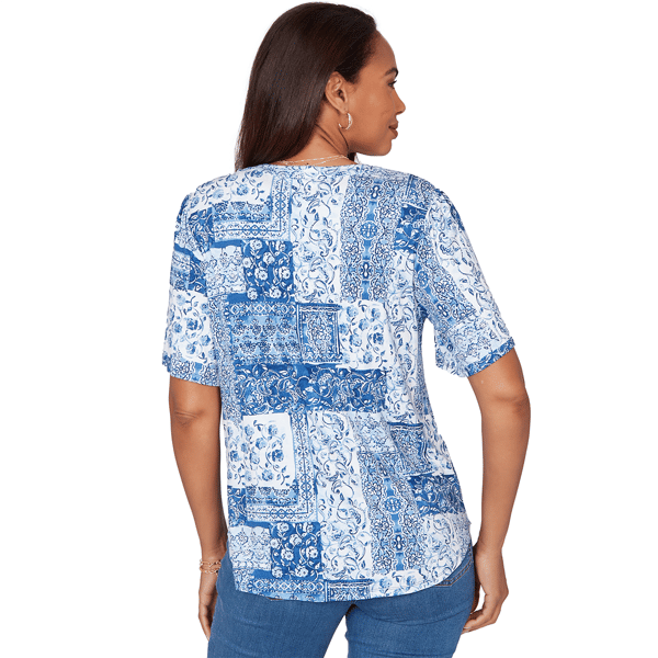 Womens Ruby Rd. French Riviera Elbow Sleeve Patchwork Henley Tee