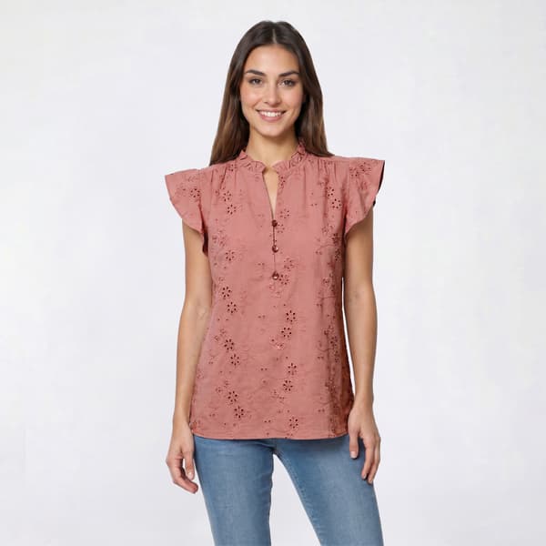 Womens Como Black Flutter Sleeve Ruffle Neck Eyelet Blouse - image 