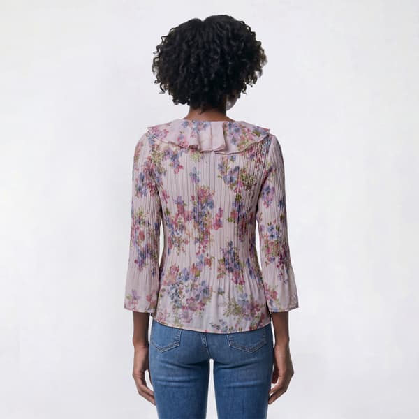 Womens Floral & Ivy 3/4 Ruffle Neck Floral Pleater Blouse