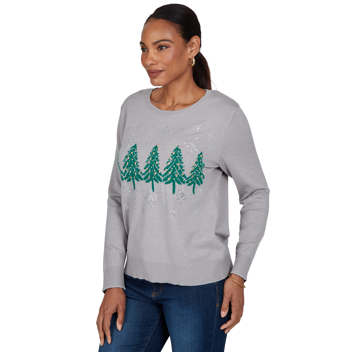 Womens Ruby Rd. Happy Holidays Embellished Trees Sweater