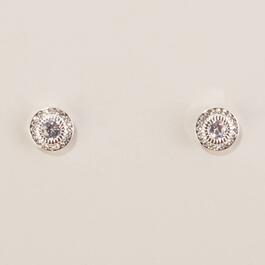 Design Collection Silver-Tone CZ Clear Halo Stud Earrings