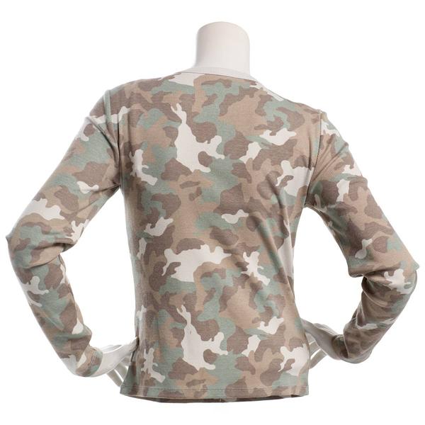 Juniors Pink Rose Long Sleeve Rib Lace Up Tie Top -Camo