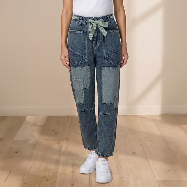 Womens MNK Patchwork Barrel Jeans with Seersucker Belt - image 