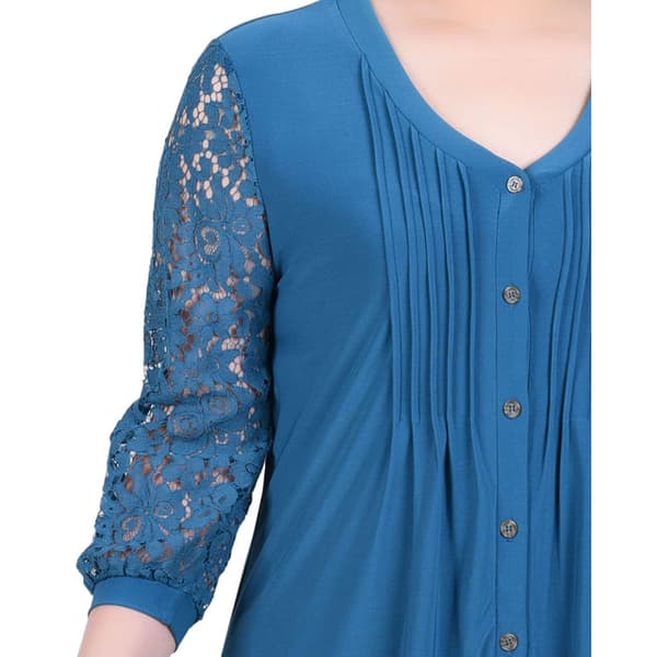 Womens NY Collection 3/4 Lace Sleeve Pleated Front Blouse