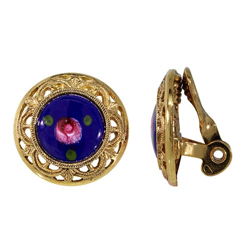 1928 Gold Tone Blue with Pink Flower Clip On Earrings - image 