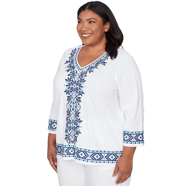 Plus Size Alfred Dunner Mykonos Scroll Embroidered V Neck Blouse