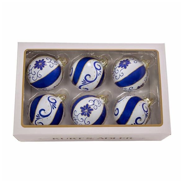 Kurt Adler 80mm 6pc. Blue &amp; White Glass Balls Set