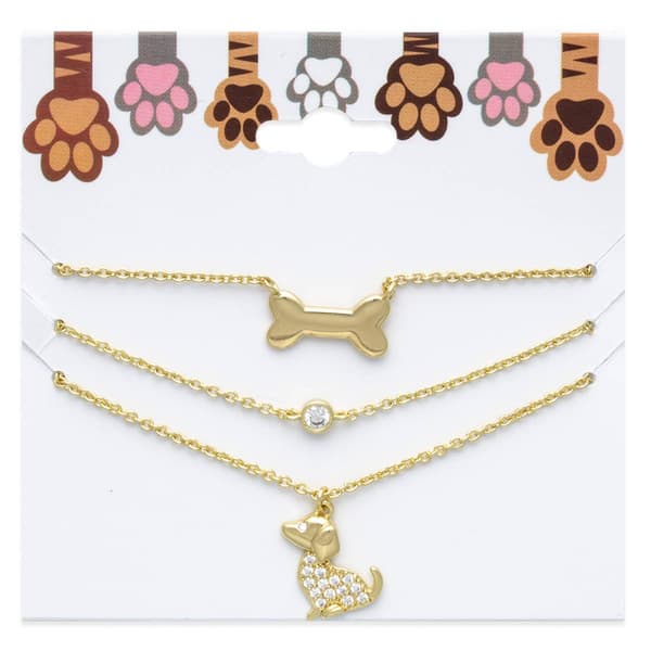 Three Gold-Tone Bone/Crystal/Dog Charm Necklace Set