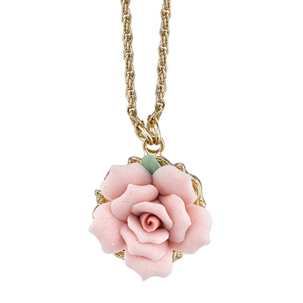 1928 Gold-Tone Porcelain Rose Pendant Necklace - image 